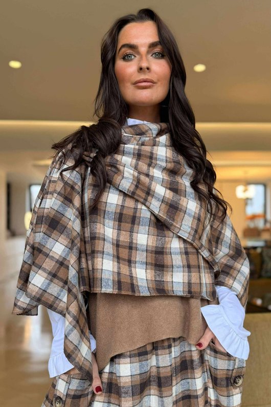 Roberta Plaid Brushed Cotton Drape Cape Camel